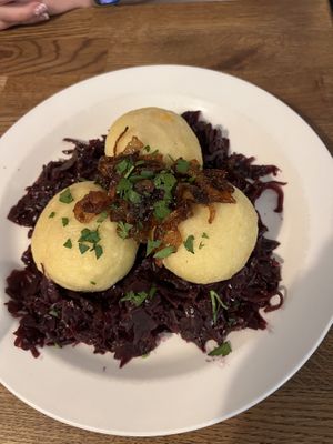 Stuffed dumplings on red cabbage (favorite)  at Střecha in Prague