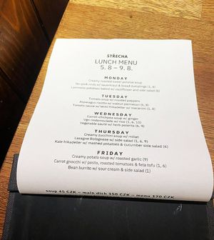 Lunch menu at Střecha in Prague