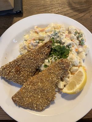 Schnitzel and potato saladd  at Střecha in Prague
