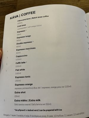 Menu  at Střecha in Prague