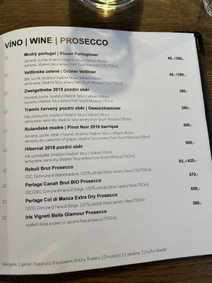 Menu  at Střecha in Prague