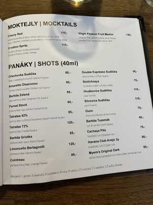 Menu   at Střecha in Prague