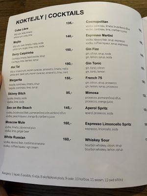 Menu  at Střecha in Prague