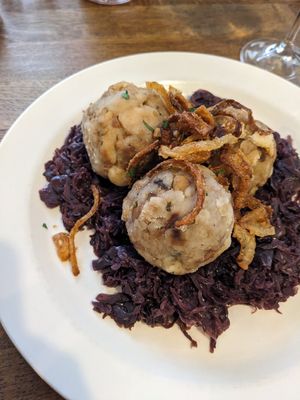 Dumplings and red cabbage at Střecha in Prague