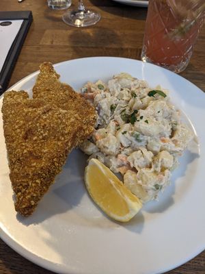 Schnitzel and potato salad at Střecha in Prague