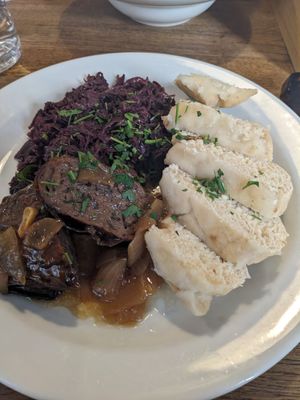 No-duck, red cabbage, and dumplings at Střecha in Prague