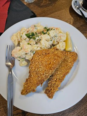 Schnitzel with Potato Salad at Střecha in Prague