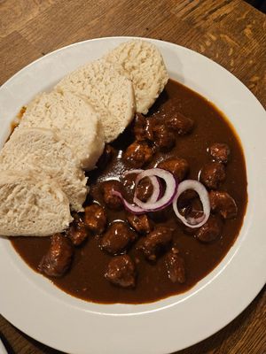 Budvar Goulash (made with dark beer) at Střecha in Prague