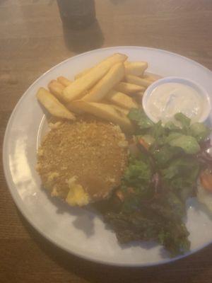Vegan cheese slide with fries and vegan tartare   at Střecha in Prague