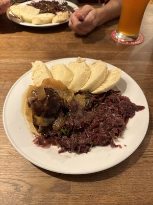 Seitan duck with red cabbage and dumplings  at Střecha in Prague