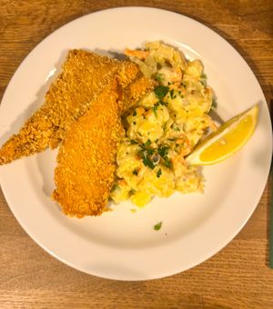 Schnitzel with potato salad at Střecha in Prague