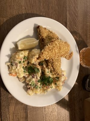Schnitzel with potato saladd  at Střecha in Prague