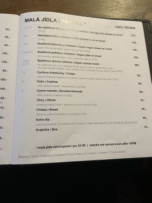 Snacks menu  at Střecha in Prague