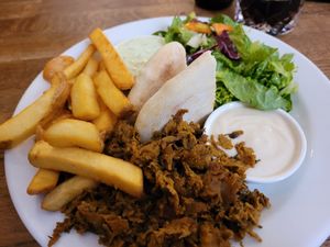 The kebab plate with fries and pita at Střecha in Prague