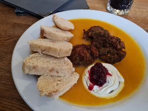 The soy sirloin in creamy vegetable sauce at Střecha in Prague