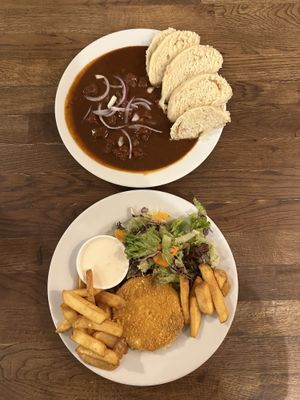 Budvar goulash & fried cheese!  at Střecha in Prague