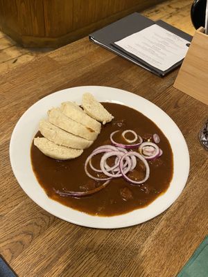Dark beer goulash  at Střecha in Prague