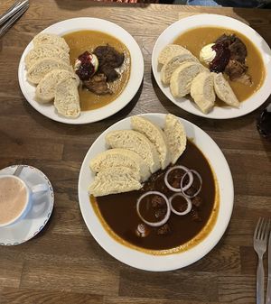 Guláš (bottom) and Svíčková (top)  at Střecha in Prague