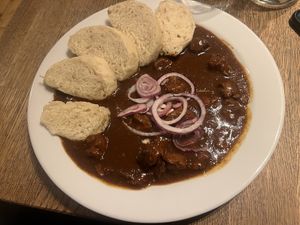 Budvar goulash  at Střecha in Prague