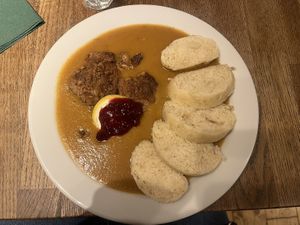 Soy sirloin in creamy vegetable sauce  at Střecha in Prague