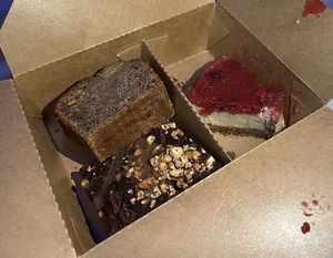 Banana bread, brownie, raspberry cheesecakee  at Střecha in Prague