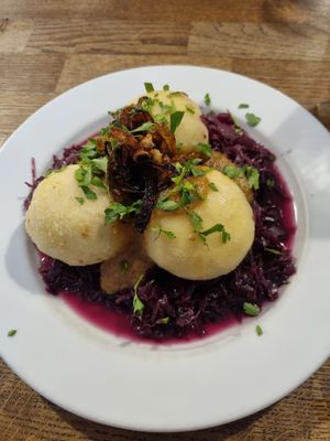 The dumplings on red cabbage at Střecha in Prague