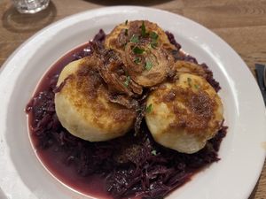 Red cabbage with dumplings   at Střecha in Prague
