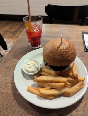 Burger with lavender-cherry lemonade (autumn special) at Střecha in Prague