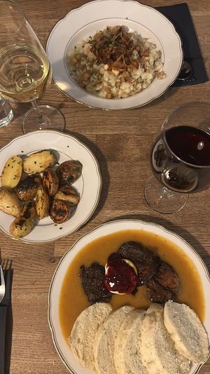 up: halusky, down: sirloin steak  at Střecha in Prague
