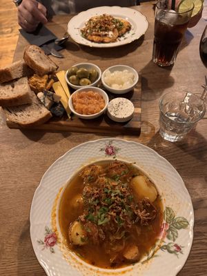 Pancakes, cheese plate and cabbage soup    at Střecha in Prague