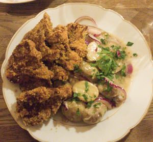 Mushroom schnitzel/ seasonal potato salad at Střecha in Prague