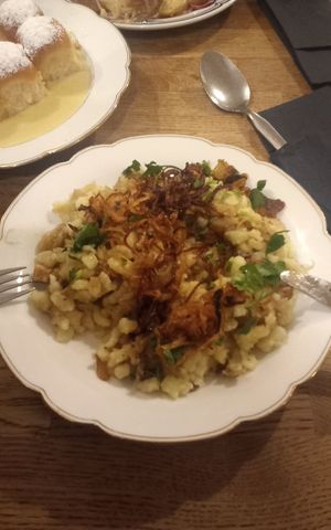 Halušky with fermented cabbage and fried tofu at Střecha in Prague
