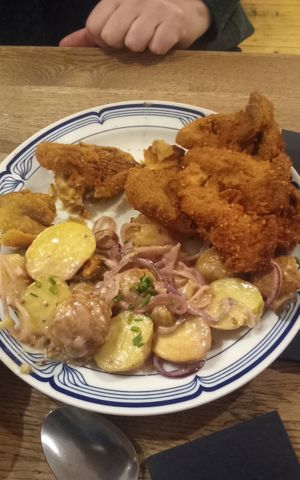 Oyster mushroom schnitzel with potato salad at Střecha in Prague