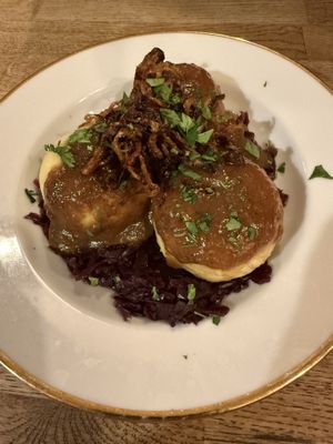 Dumplings on red cabbage  at Střecha in Prague