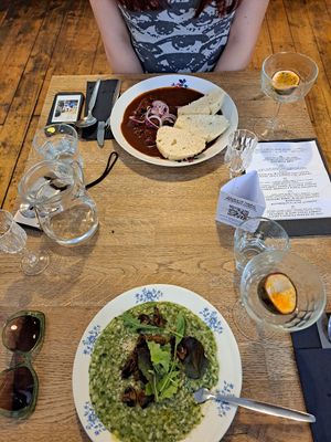 Spinach risotto with champignons, and goulash with dumplings at Střecha in Prague