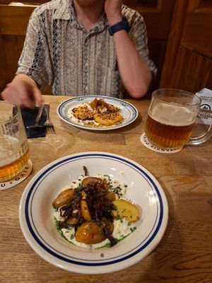 Starters (grenaille, cabbage pancakes) at Střecha in Prague