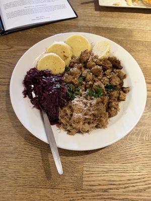 Roasted soy rinds with potato dumplings  at Střecha in Prague