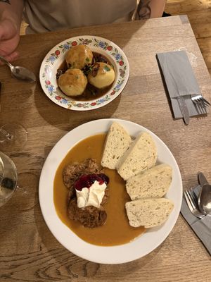 Two different dumpling dishess  at Střecha in Prague