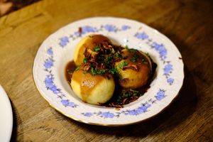 Roasted Soy Rinds w/ Potato Dumplings  at Střecha in Prague
