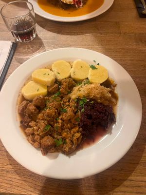 Roasted Soy Rinds with Potato Dumplings at Střecha in Prague