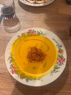 Ginger, carrot and coconut soup at Střecha in Prague
