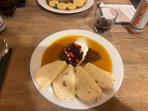 Soy Sirlion in Creamy Vegetable Sauce at Střecha in Prague
