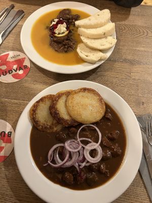 Budvar goulash (front) & Soy sirloin in creamy vegetable sauce (back)  at Střecha in Prague