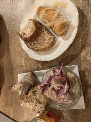 Tofu pickled in oil & pickled sausage   at Střecha in Prague