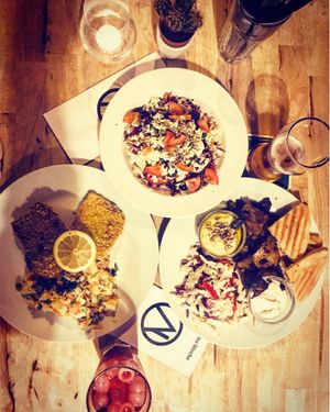 Schnitzel with potato salad, kebab plate, mixed veggie salad   at Střecha in Prague