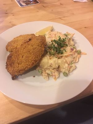 schnitzel with potato salad at Střecha in Prague
