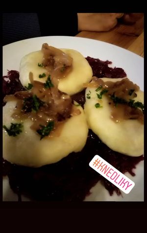 Czech dumplings with a soy filling (tastes like meat a bit) at Střecha in Prague