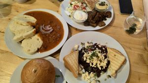 Goulash wirh dumplings, Kebap Plate, Beetroit Carpaccio and my favorite is the Fried Cheese in the Bun!!!! at Střecha in Prague