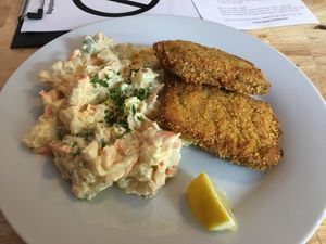 Soy schnitzel with potato salad - AMAZING at Střecha in Prague