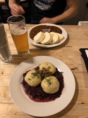 Goulash and stuffed dumplings on cabbage at Střecha in Prague